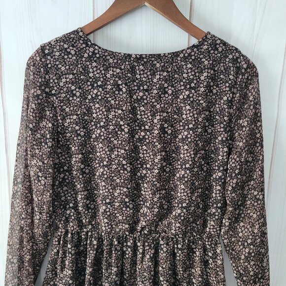 Maurices Floral Midi Dress, Sheer Long Sleeve, Black/Pale Pink Flowers, Boho - Picture 6 of 12